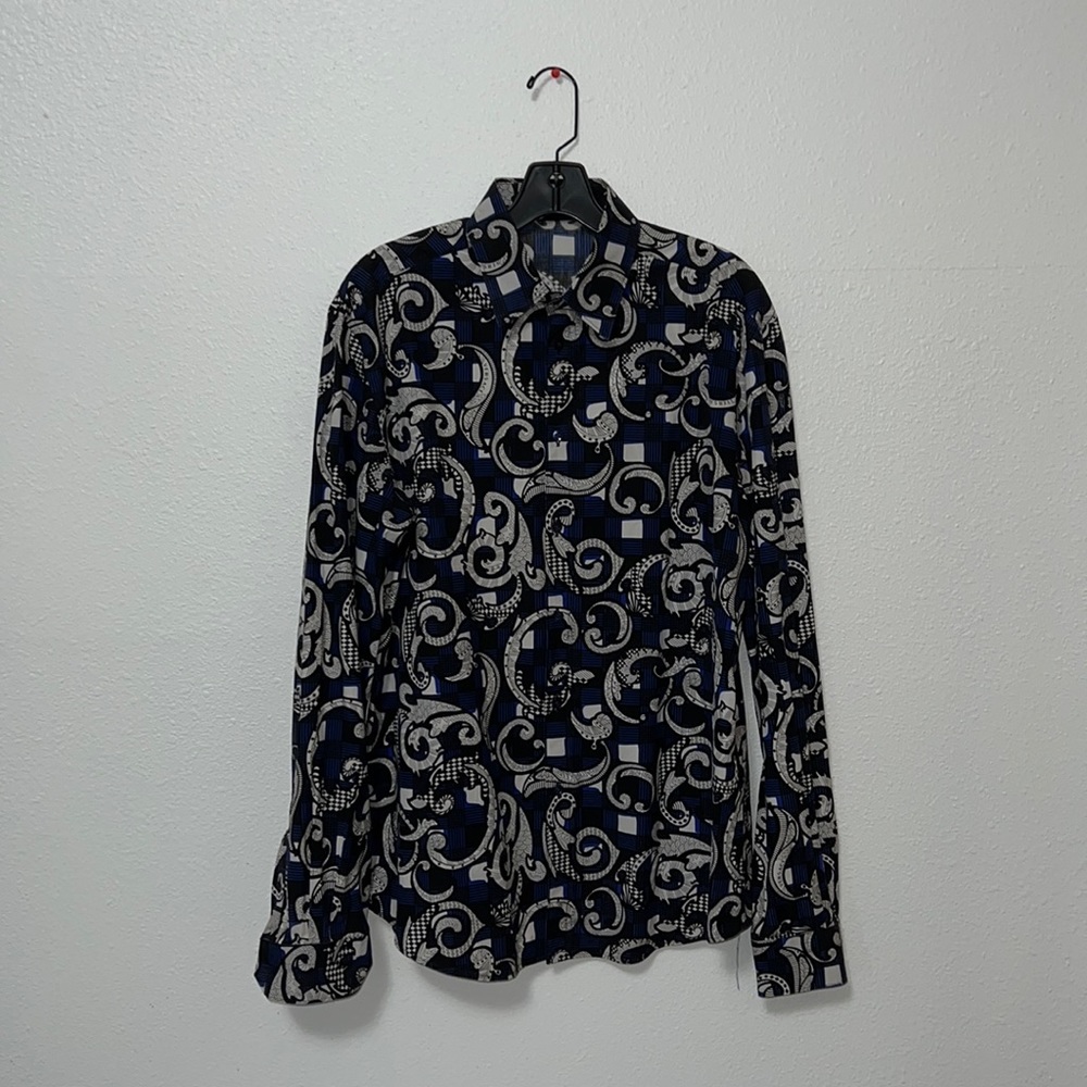 Size 40, Versace, Dress Shirt, Button Down, Blue, Black, White